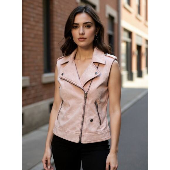 Philosophy Republic Clothing Pink Faux Suede Moto Vest Womens M Zip Front Jacket - Picture 1 of 5